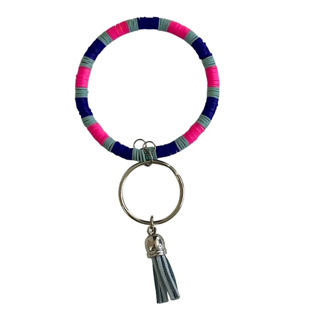 Handcrafted Heishi Bead Bangle Keychain Pink Blue Tassel Wristlet Key Ring‎